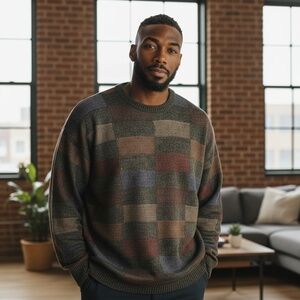 Harbor Bay NWT Big & Tall Dad Style Patchwork Check Sweater - Cozy Chic! 3XLT